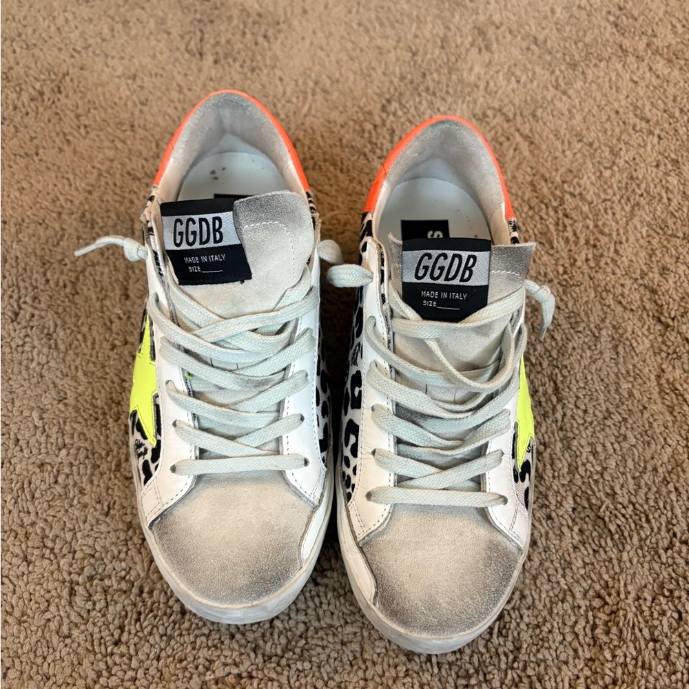 Golden Goose Cheetah/White/Neon Yellow & Orange Sneakers Size 38